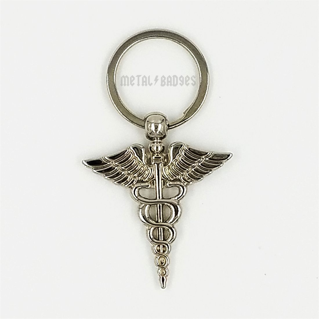 Caduceus Medical Keychain - Silver/Nickel finish, Metal Keychains by Metal Badges